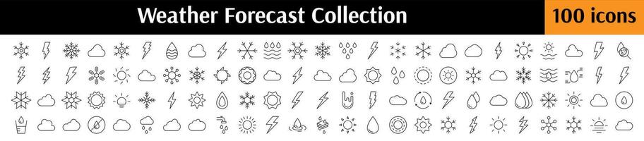Pack of Line Icons of Weather Forecast. Rain, Snow, Thunderstorm, Sun, Cloud Minimalistic Linear Pictogram for Web and Graphic Design, Apps, Banners, Social Network and Cards vector