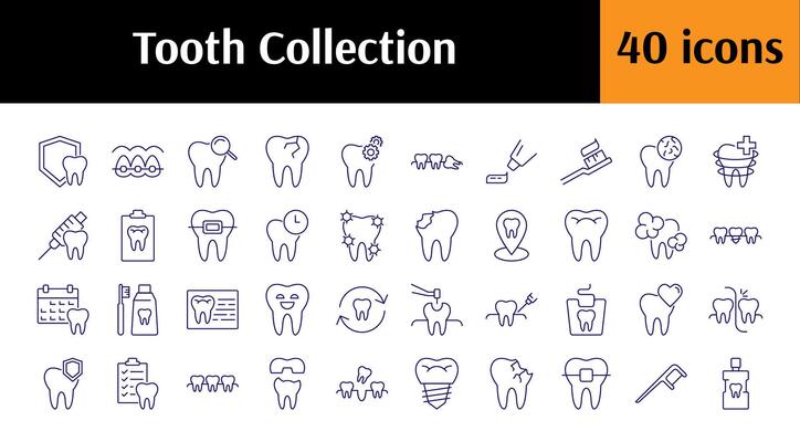 Tooth, Dentistry, Braces, Cleaning Line Icon Set. Minimalistic Linear Pictogram for Web and Graphic Design, Apps, Banners, Social Network and Cards