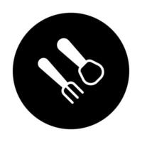 Minimalist black and white icon representing a fork and spoon culinary and dining experience in circular design vector