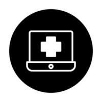 Black circle featuring white laptop displaying medical cross perfect for healthcare technology content creation vector