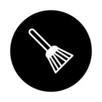 Black circle background illustrating a white broom for cleaning and sweeping purposes icon design tool vector