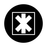 A minimalist medical emergency symbol illustration on a round black background with a white symbol design vector