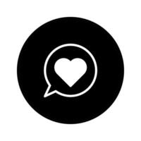 A black and white illustration symbolizing love and affection inside a speech bubble expressing feelings vector