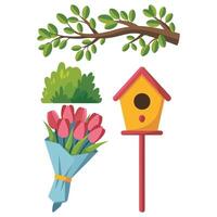 Spring season elements flowers trees illustration isolated on white vector