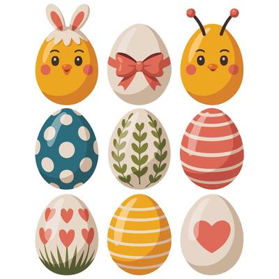 Easter holiday decorated eggs hand drawn set
