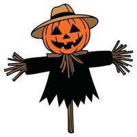 Whimsical Halloween scarecrow wearing pumpkin head and rustic hat isolated illustration on white background vector