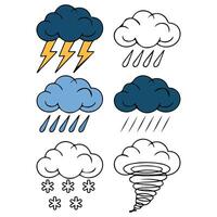 Hand drawn weather collection with sun clouds rain snow and thunderstorm vector