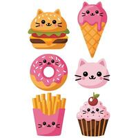 Adorable cat shaped food including donut burger and milkshake kawaii set vector