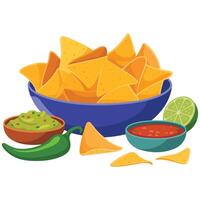 Crispy nachos with salsa and lime Mexican street food illustration vector