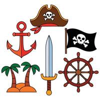 Pirate adventure set with treasure map skull anchor and parrot vector