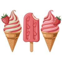 Strawberry ice cream waffle cone art vector
