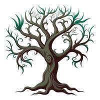 Gnarled ancient tree dark bark teal foliage illustration vector