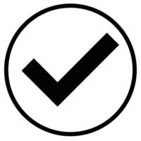 Bold black checkmark symbol within a white circle outline tick icon vector