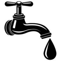 Black silhouette of a water faucet with a dripping water drop vector