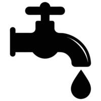 Black silhouette of a water tap with a dripping drop faucet liquid vector