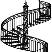 Ornate black wrought iron spiral staircase with decorative railings and central column vector