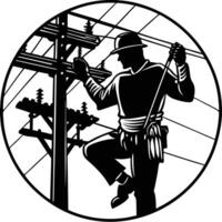 Silhouette lineman working on power lines utility pole worker vector