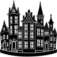Black and white illustration of various old buildings with pointed roofs and windows silhouette vector