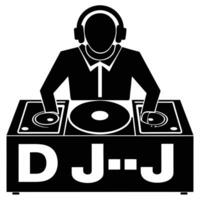 Stylized black silhouette of a dj with headphones playing music turntables vector