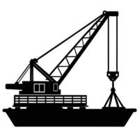Black silhouette of a large crane on a barge with a hook industrial maritime vector