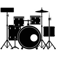 Black silhouette of a drum kit with cymbals and stands musical instrument percussion vector