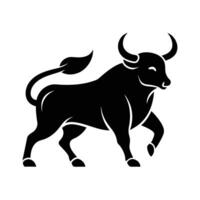 Powerful stylized black bull charging forward with curved horns and flowing tail silhouette vector