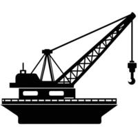 Black silhouette of a heavy duty crane on a floating platform barge heavy machinery vector