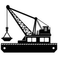Black silhouette of a heavy duty crane on a floating platform barge industrial vector
