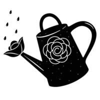Stylized black watering can with flower and falling water drops white rose vector