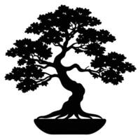 Ancient bonsai tree silhouette with intricate branches and lush foliage nature vector
