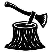 Black axe embedded in tree stump woodcut illustration white vector