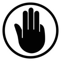 Black and white icon of a hand with fingers raised within a circle symbol stop vector