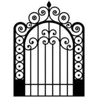Black ornate wrought iron gate with decorative scrollwork and circular motifs vector