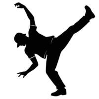 Black silhouette of a breakdancer performing a dynamic move dancing athletic vector