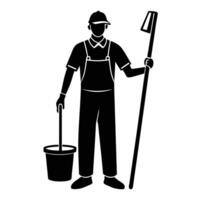 Black silhouette of a janitor holding a mop and bucket cleaner uniform vector