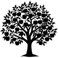 Black silhouette of a bountiful apple tree with many ripe fruits and leaves branches vector