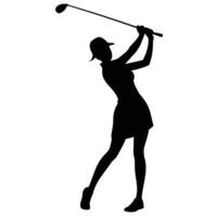 Female golfer silhouette swinging club wearing hat and dress black white vector