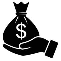 Black icon of a hand holding a money bag with a dollar sign white vector