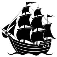 Black silhouette of a majestic sailing ship with billowing sails on water galleon maritime vector