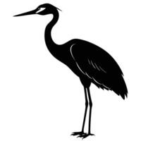 Black silhouette of a standing heron with long legs and beak bird white vector