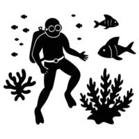 Scuba diver swimming with fish and coral underwater vector
