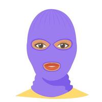 Black woman wearing balaclava helmet. Trendy worm headgear for cold weather. Facial mask for the whole head to wear under helmet vector