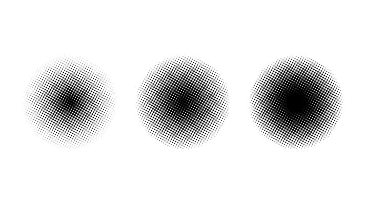 Halftone circle gradient set. Comic style round shapes. Semitone dotted globes collection. Circular design elements and texture. .