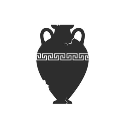 Broken amphorae silhouette. Cracked ancient greek vase with meander pattern. Antique ceramic vessel. Old clay pottery