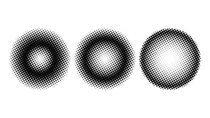 Halftone spheres set. Semitone dotted globes. Comic texture circles. Round gradient collection. Radial design elements. Pointed faded shapes. Monochrome background