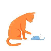 Red domestic cat playing with toy mouse. Activity for indoor pet. Cat supplies and accessories. Flat style vector