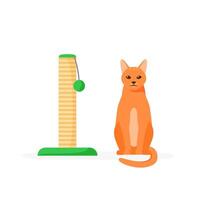 Cat and scratching post. Rope posts for cat to sharpen claws. Cat tree with toys. Supplies and accessories for domestic pets. Flat style vector