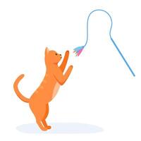 Red domestic cat playing with feather toy wand. Game activity for indoor pet. Cat supplies and accessories. Flat style vector
