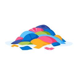 Pile of clothes on floor. Heap of dirty laundry. Stack of dirty apparel on laundry day. Wardrobe mess. Flat illustration. vector