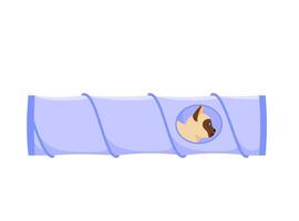 Cat tunnel. Cute siamese cat sits in collapsible toy tube. Hiding and resting place for indoor pet. Flat style vector